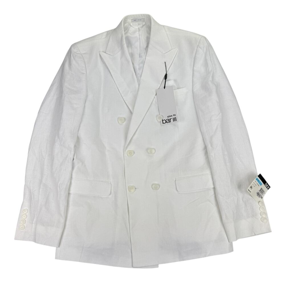 Bar III Mens Slim Fit 100% Linen Double-Breasted Suit Jacket White 40R